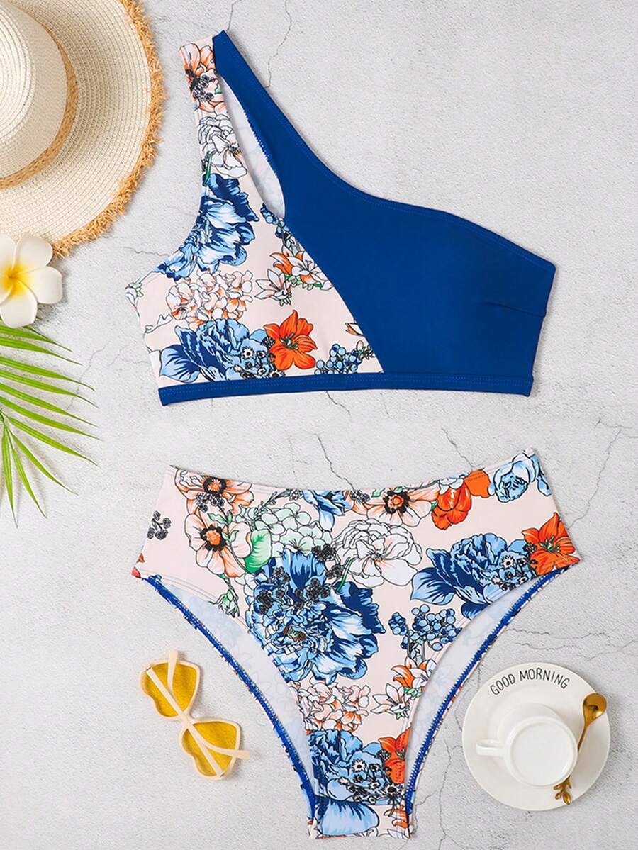 新品一肩印花比基尼,鏤空高腰露背設計,性感時尚,適合沙灘游泳 - 藍色 - 查看 1