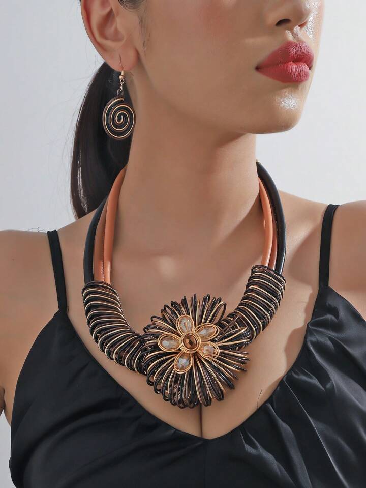 3pcs/set Pu Leather Chain, Metal Twisted Flower & Hollow Out