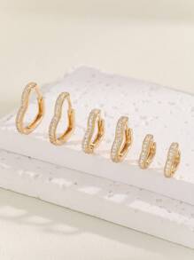 Hihho 6入組/套方晶鋯石愛心裝飾圓耳環 - 金黃色 - 查看 10