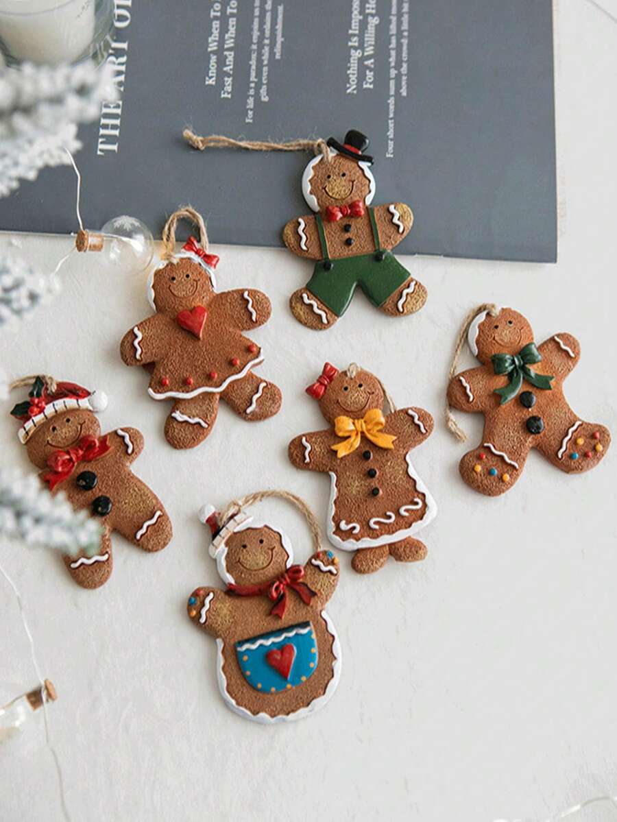 1個(隨機)樹脂手繪薑餅人飾品,適用於聖誕樹、牆壁、派對裝飾 - 彩色 - 查看 1