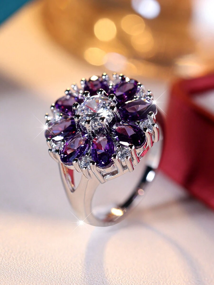 1pc Cubic Zirconia Petal Flower Shaped Simple Elegant Delicate Ring, A Thoughtful Gift For Special Occasions Valentines - Purple - View 1