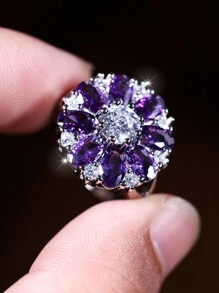 1pc Cubic Zirconia Petal Flower Shaped Simple Elegant Delicate Ring, A Thoughtful Gift For Special Occasions Valentines - Purple - View 5