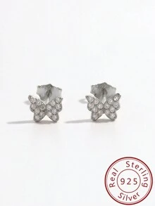 1對精美925純銀迷你蝴蝶耳釘,鑲嵌立方氧化鋯,適合女性日常穿著和節日送禮