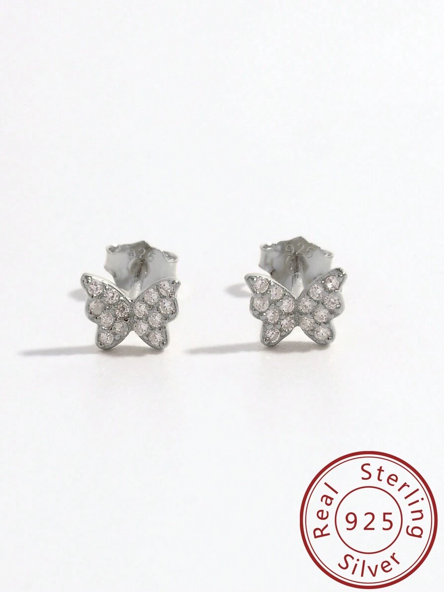 1對精美925純銀迷你蝴蝶耳釘,鑲嵌立方氧化鋯,適合女性日常穿著和節日送禮