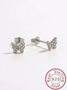 1對精美925純銀迷你蝴蝶耳釘,鑲嵌立方氧化鋯,適合女性日常穿著和節日送禮