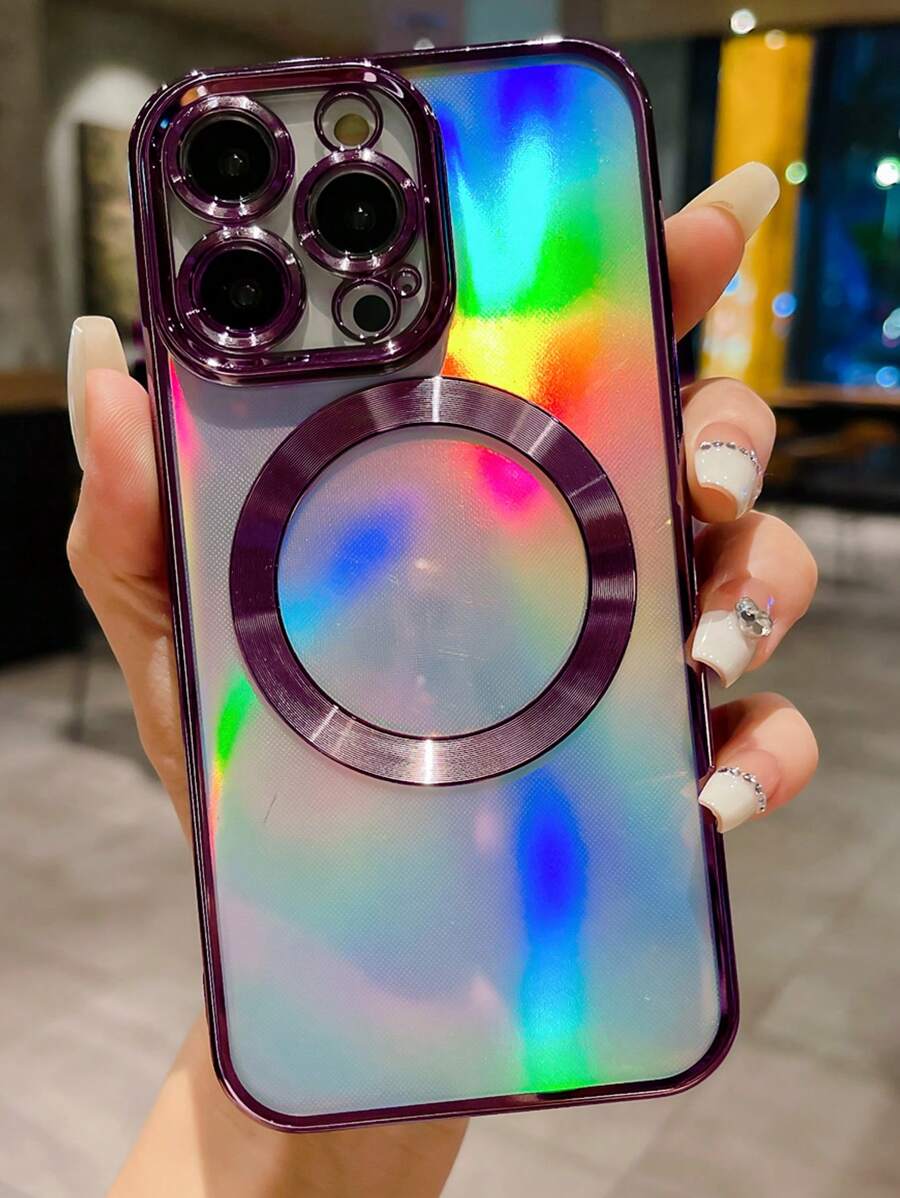 1pc Purple Tpu 6d Plating Magnetic Adsorption Phone Case With 1pc Tempered Glass Screen Protector Compatible With Apple Iphone - Purple - View 1