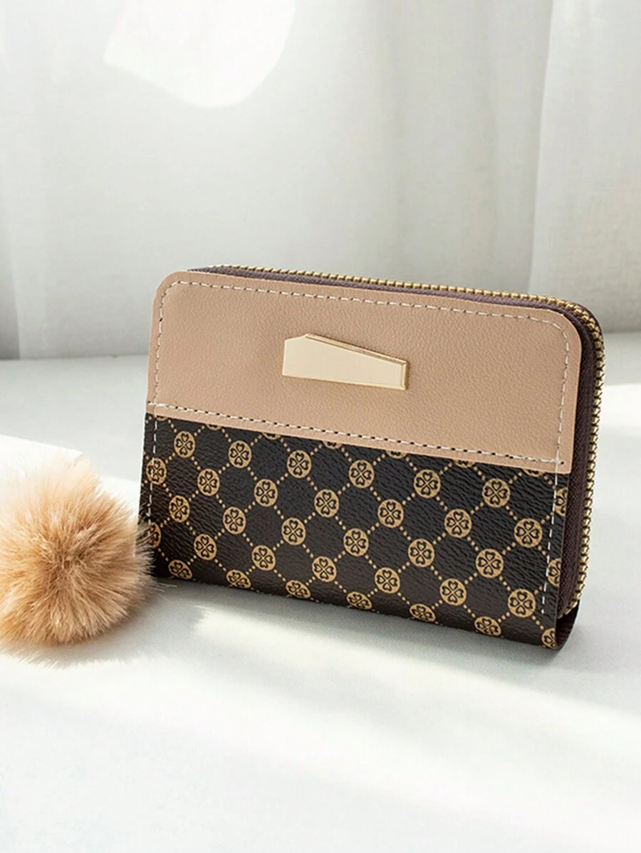 時尚復古全印花短款錢包,附毛球吊飾 - 卡其色 - 查看 1