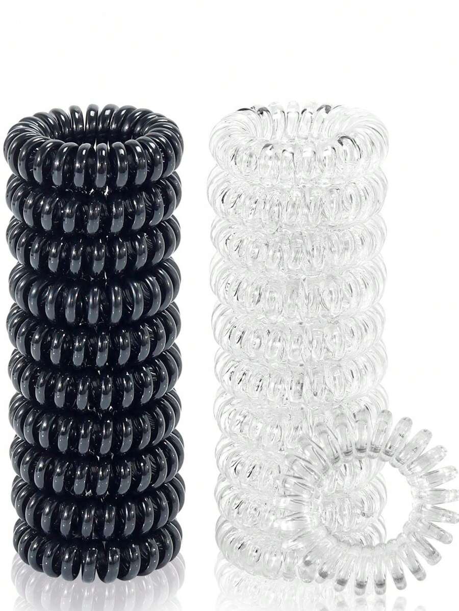 20入組螺旋式髮圈，女性馬尾控彈力繩（黑色＆透明色），休閒款