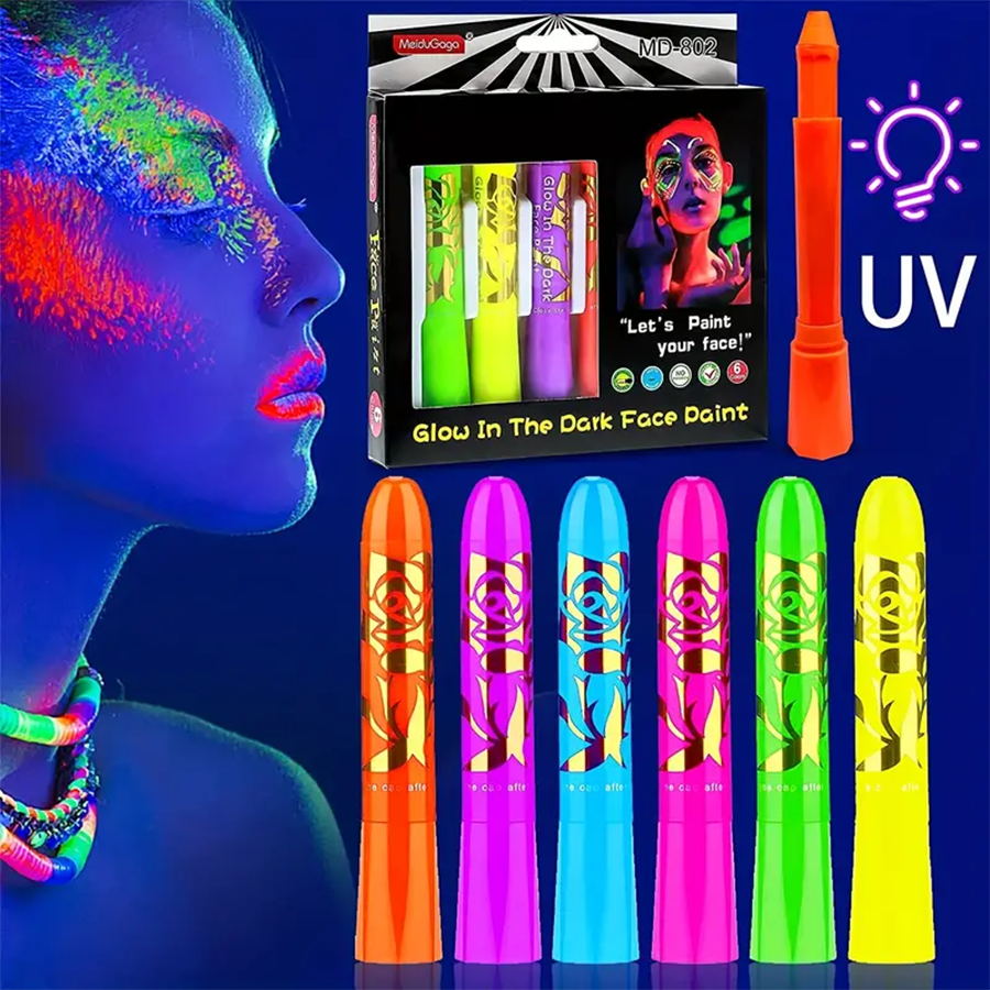 6pcs Glow In The Dark Face Paints, Uv Fluorescent Paint Body Crayons
