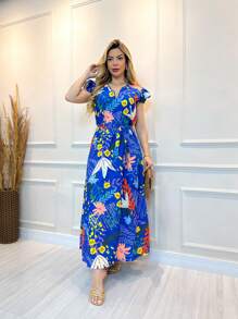 vestidos long de crepp estampa com mangan modelo novo feminina - Azul - Visão 2
