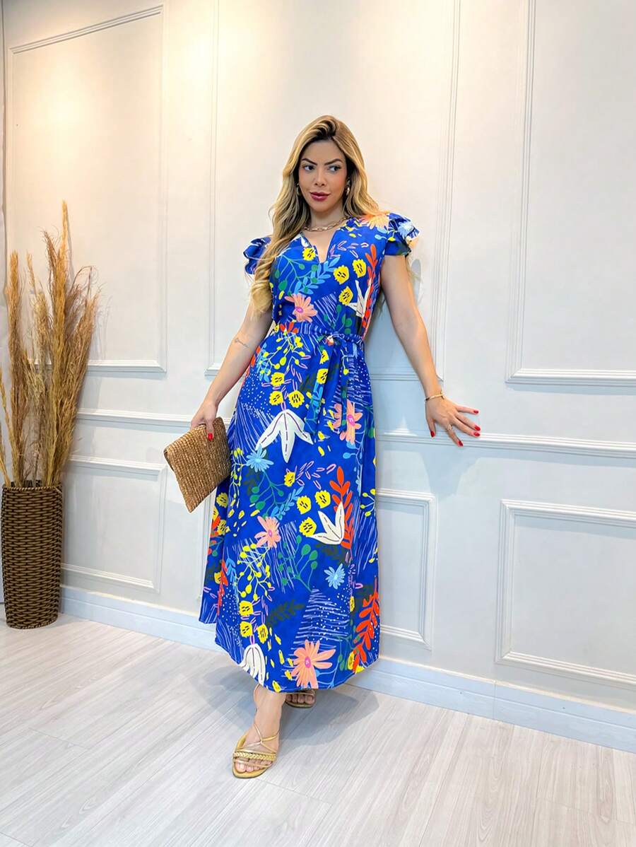 vestidos long de crepp estampa com mangan modelo novo feminina - Azul - Visão 1