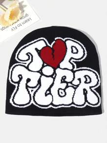 1pc Knitted Beanie Hat With Letter & Jacquard Pattern, Casual And Versatile Cold-Proof Hat Street Valentine's Day - Black - View 3