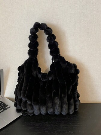 Soft 1pc Black Plush High Capacity Vest Bag, Casual Shoulder Bag, Tote Bag For Women's Daily Use, Shopping, Dating, Gift For Girls, Women, College Students, Rookies & White-Collar Workers For Autumn & Winter, , For , For Fall, Winter Essential, Warm Winter, For Gift