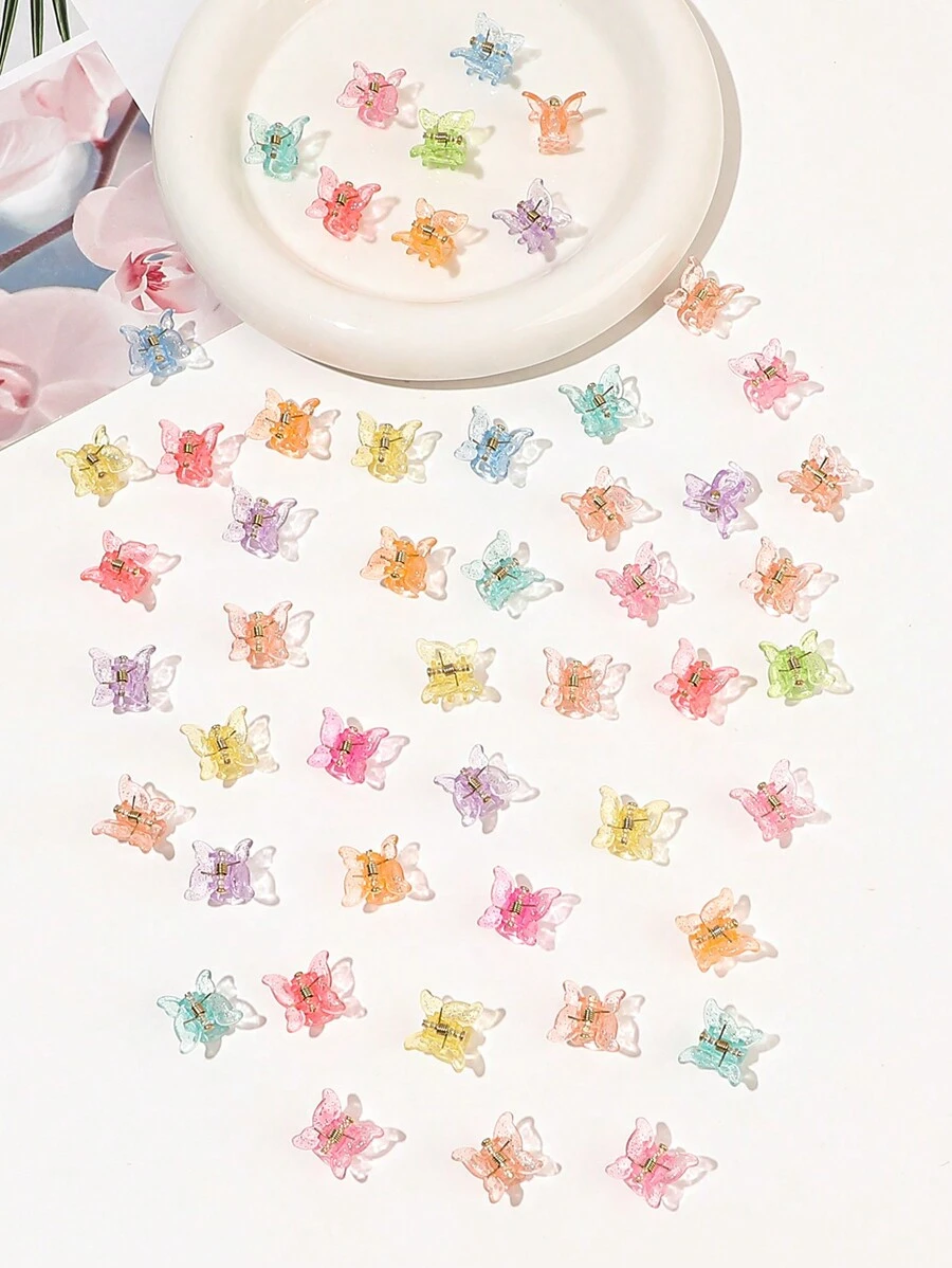 50pcs Mini Colorful Glitter Transparent Frosted Butterfly Hair Clips (Random Color) Cute,Dopamine Hair Claws Claw Clips Hair Jaw Clip Hair Clamps Hair Clutch Hair Catcher Clip, School Stuff, College Fall Winter Flower Hair Accessories For Women For Vacation Outfits Woman - Multicolor - View 1