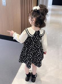 年轻女孩双领全印花连衣裙，1 件 - 黑色 - 查看 6