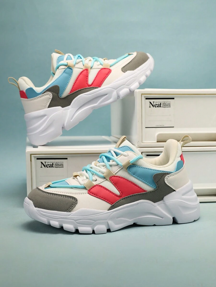 Nuevos Bambas Chunky Transpirables Y En Dos Colores Para Mujer, Zapatillas Deportivas Y Casuales Para Mujer Para Primavera Y Otoño - Azul y blanco - Ver 1
