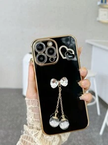 Conjunto De Capa De Telefone Antiqueda De Eletrochapeamento Com Decoração De Coração De Strass Metálico, Garrafa De Desejos Com Laço Compatível Com Telefones Apple, Samsung, Xiaomi, Oppo, Vivo - Preto - Ver 6