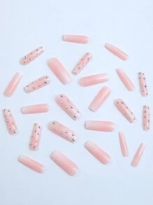 24pcs Extra Long Rhinestone Decor False Nails, Shaped Square, For Princess, With Jelly Glue & Nail File Press On Nails Nail Supplies - Multicolor - View 4
