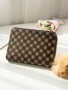 時尚復古全印花短款錢包,附毛球吊飾 - 卡其色 - 查看 3