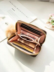 時尚復古全印花短款錢包,附毛球吊飾 - 卡其色 - 查看 4