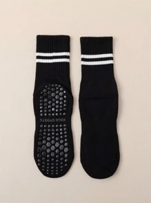 1 đôi tất tập yoga thể thao dài đến bắp chân dành cho nữ có họa tiết sọc và trơn - màu đen - Xem 4