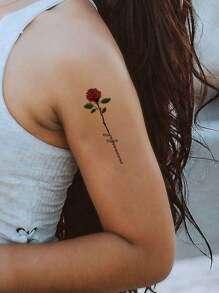 1 Hoja De Tatuaje Temporal Con Diseño De Flores Para La Mano, Tatuajes Temporales Impermeables Para Mujeres, Tatuaje Falso De Caligrafía Que Dura De 2 A 3 Días - Negro - Ver 2