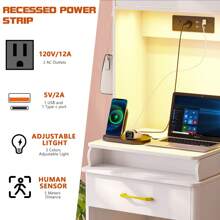 Lvifur Human Sensor LED Makeup Vanity Table with Plip-up Mirror, Makeup Vanity Set with 2 AC Outlets,Make Up Vanity Desk with Jewelry Box,Cushioned Tool,2 Drawer