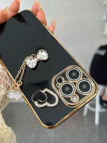 Conjunto De Capa De Telefone Antiqueda De Eletrochapeamento Com Decoração De Coração De Strass Metálico, Garrafa De Desejos Com Laço Compatível Com Telefones Apple, Samsung, Xiaomi, Oppo, Vivo - Preto - Ver 3