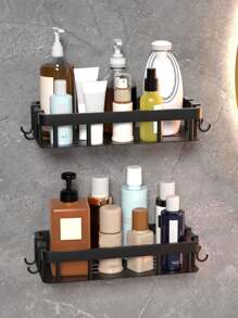 黑色 Qh 單/雙層浴室收納壁架,壁掛式,免鑽,淋浴間,適用於盥洗用品、化妝品、家居用品、收納件 - 黑色 - 查看 6