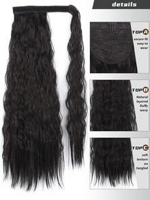 玉米波馬尾辮延長夾 - 22 英寸長波浪捲曲環繞馬尾辮耐熱合成假髮女式天然黑色 - 黑色 - 查看 4