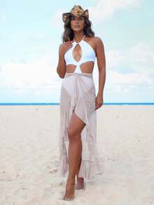 Saia Longa Transpassada de Babados Nude Tule - Bege - Visão 3