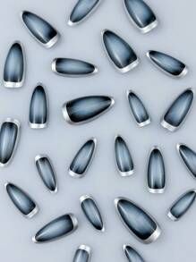 4入組Y2K美學風格中號方頭藍色漸變貓眼全指甲藝術套裝，適用於女性和女孩日常穿搭及派對貼片指甲油供應 - 彩色 - 查看 3