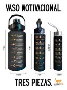 Trio Of Motivational Glasses, Kit Of 3 Bottles To Transport Water And Your Favorite Drinks, 3 Different Sizes: 2L, 900 Ml And 300 Ml With Stickers - 黑色 - 查看 3