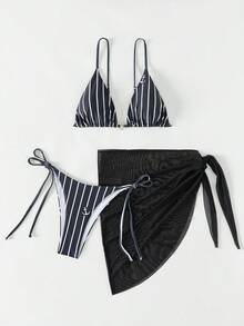 3pcs/Set Striped Print Bikini Set With Mesh Cover-Up Skirt Summer