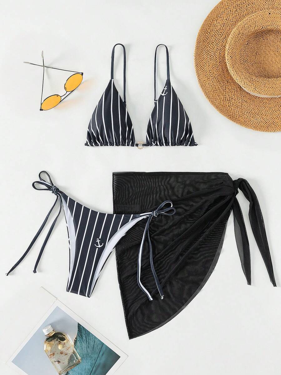 3pcs/Set Striped Print Bikini Set With Mesh Cover-Up Skirt Summer