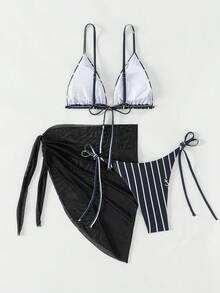 3pcs/Set Striped Print Bikini Set With Mesh Cover-Up Skirt Summer