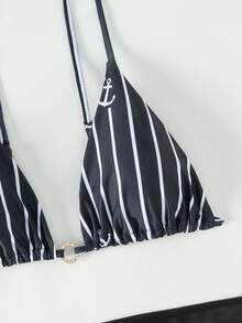 3pcs/Set Striped Print Bikini Set With Mesh Cover-Up Skirt Summer