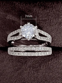 1pair Silver/white Gold Plated Eight Hearts & Eight Arrows Cut Cz Engagement/wedding Rings - Silver - View 3