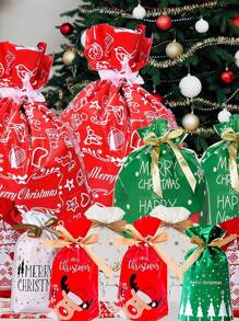 7个/套圣诞礼品袋，带抽绳，7种款式，圣诞礼品袋，圣诞糖果袋，圣诞派对回礼袋，糖果袋，带丝带封口 - 紅白色 - 查看 3