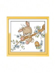 1 Set Kit De Bordado De Punto De Cruz, Conejo Travieso, Patrones De Flores De Animales De Dibujos Animados, Suministros Hechos A Mano Diy, Labor De Aguja, Decoración Del Hogar - Blanco - Ver 1