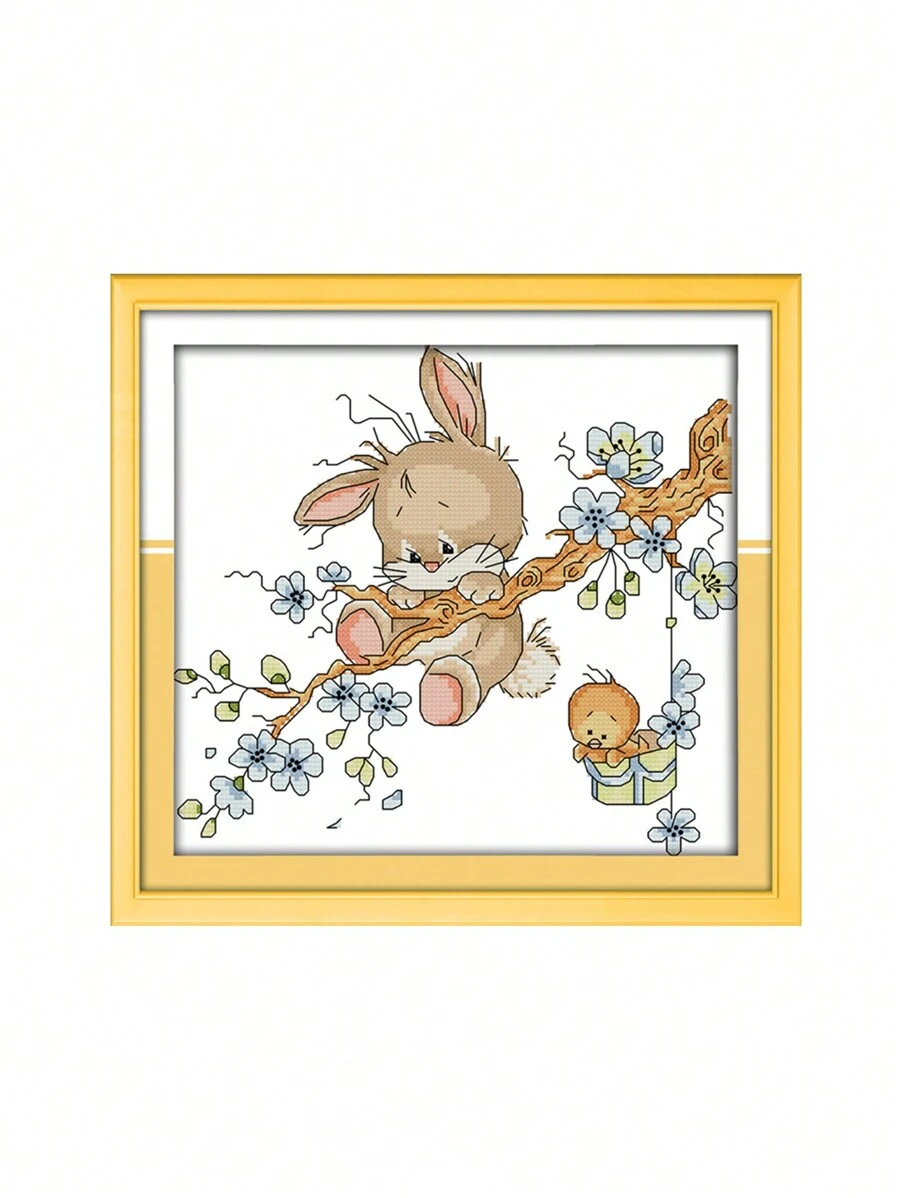 1 Set Kit De Bordado De Punto De Cruz, Conejo Travieso, Patrones De Flores De Animales De Dibujos Animados, Suministros Hechos A Mano Diy, Labor De Aguja, Decoración Del Hogar - Blanco - Ver 1