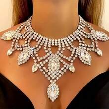 1pc Fashionable Handcrafted Rhinestone Embellished Multi-Color Teardrop-Shaped Crystal Pendant Necklace, Ideal For Women's Wedding Accessory - Clear - View 1