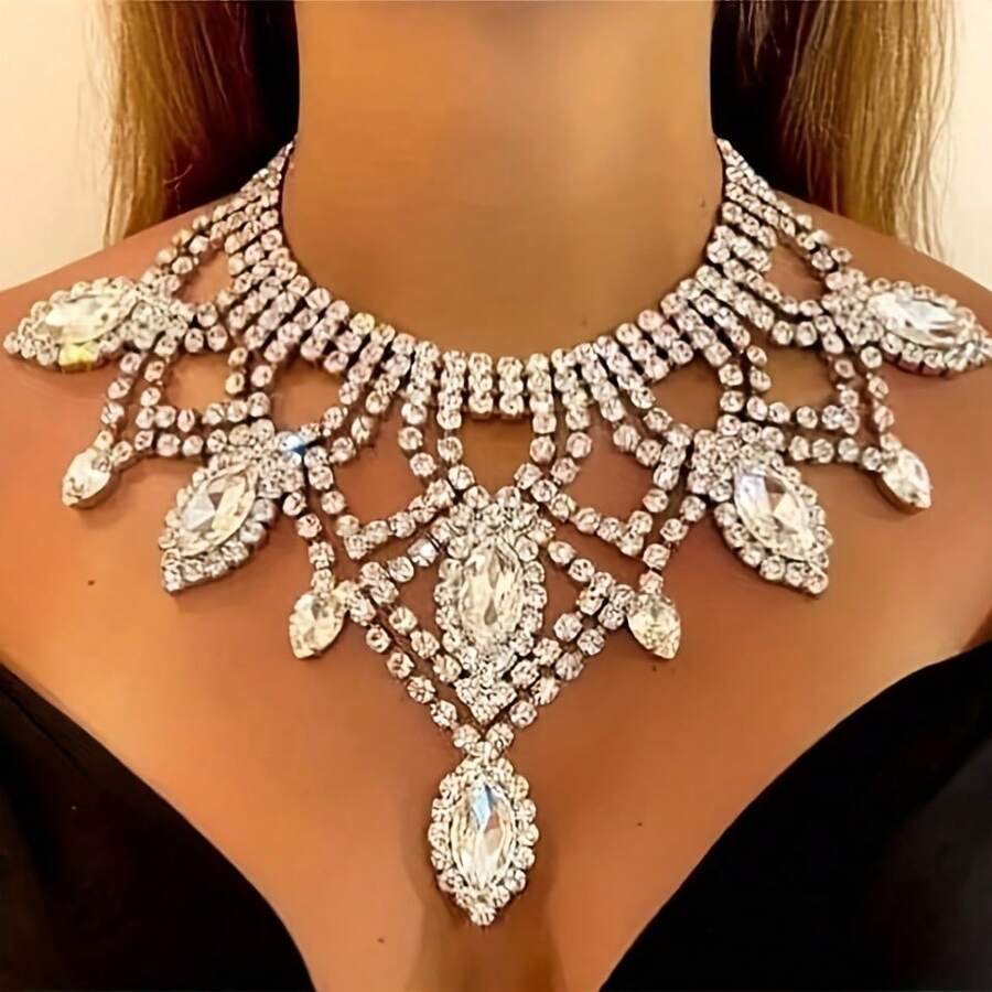 1pc Fashionable Handcrafted Rhinestone Embellished Multi-Color Teardrop-Shaped Crystal Pendant Necklace, Ideal For Women's Wedding Accessory - Clear - View 1