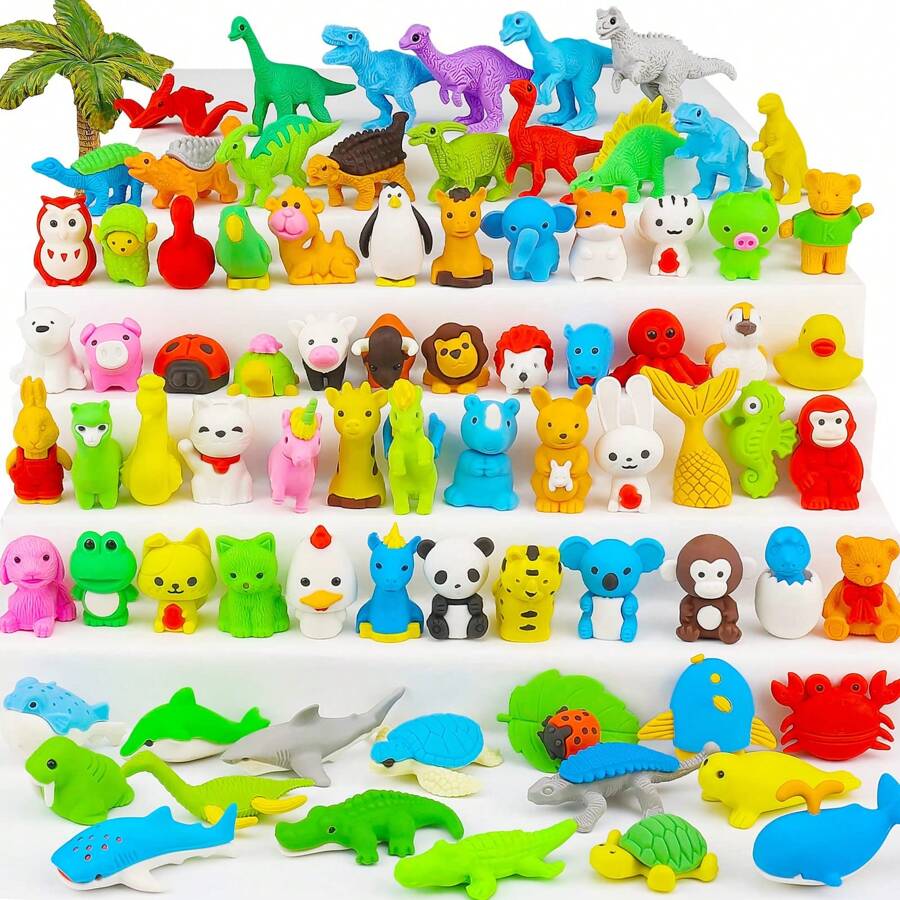 60pcs Random Animal Eraser Set For Children's Desk, Pencil, Puzzle