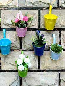 藍色牆籬花盆裝飾陽台,色彩繽紛的鐵製掛桶,植物盆栽容器,大尺寸(1個/2個/5個/10個) - 藍色 - 查看 9