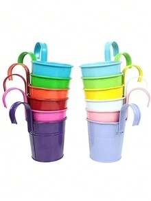 藍色牆籬花盆裝飾陽台,色彩繽紛的鐵製掛桶,植物盆栽容器,大尺寸(1個/2個/5個/10個) - 藍色 - 查看 4