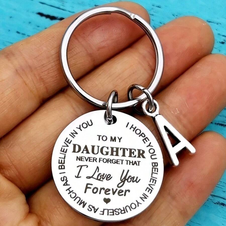 1pc DAUGHTER Initials A-Z Pendant Key Ring Round Stainless Steel Laser Engraving Love Personalized Keychain For Son Or Daughter - Perfect Back To School Birthday Or Christmas Stocking Gift Car Accessories Cute Goth Y2k - daughter - View 1