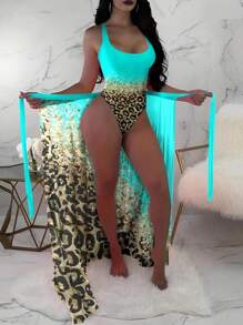Ladies' Mint Green Leopard Print One-Piece Swimsuit And Beach Skirt Summer