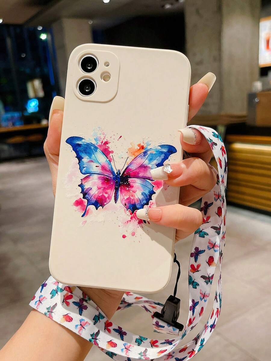 1入組淺褐色TPR聚氨酯蝴蝶樣式和1入組蝴蝶手機掛繩防摔手機殼適用於蘋果三星小米HUAWEIoppo - 彩色 - 查看 1