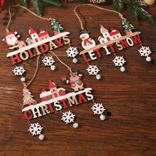 1pc Christmas Decoration Wooden Hanging Sign With Bell & Colorful Letter Print - Red - View 4